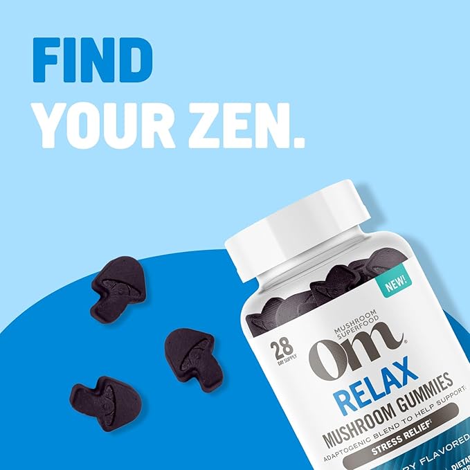 OM Mushroom Superfood Relax Gummies, 28 Servings, Blueberry Gummy Supplement with Reishi and Ashwagandha for Stress Relief