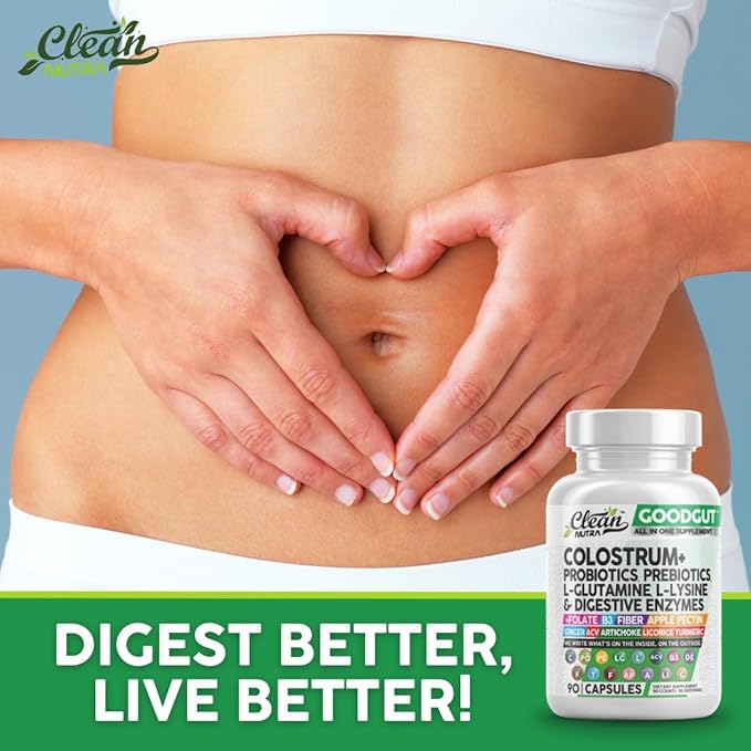 Clean Nutraceuticals Colostrum Supplement Capsules Probiotics Pills Prebiotics, L-Glutamine, Digestive Enzymes, Folate, Fiber, ACV, Turmeric, Apple Pectin and Turmeric Good Gut