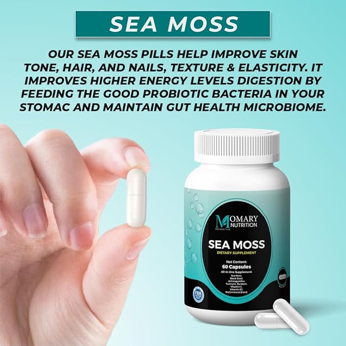 Sea Moss, Black Seed, Ashwagandha, Turmeric, Burdock, Vitamin C, Vitamin B3, Multimineral Blend, All-in-One Supplement for Men and Women, Vegan, Gluten Free, Non-GMO, 60 Capsules