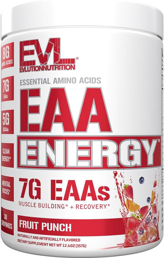 Evlution Nutrition EAA Energy - Pre & Post Workout Powder - Muscle Building & Recovery Supplement - 7g Essential Amino Acids + 5g BCAAs - Clean Energy - with Caffeine - 30 Servings - Fruit Punch