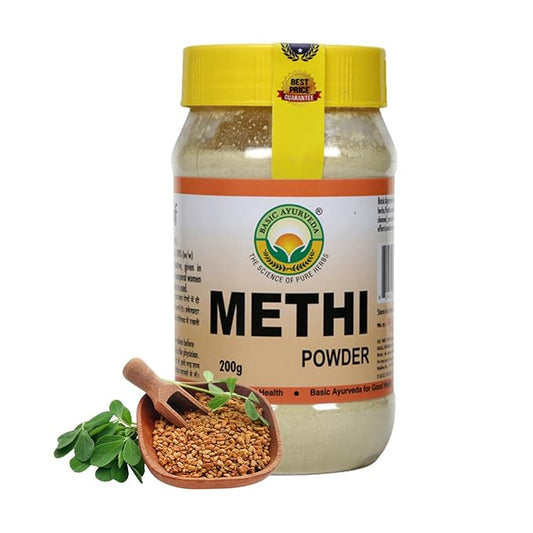 Basic Ayurveda Methi (Fenugreek) Powder – 7.05 Oz (200g) | Pure Ground Fenugreek for Culinary Use, Herbal Tea, Hair & Skin Care | All-Natural, Non-GMO, Resealable Jar