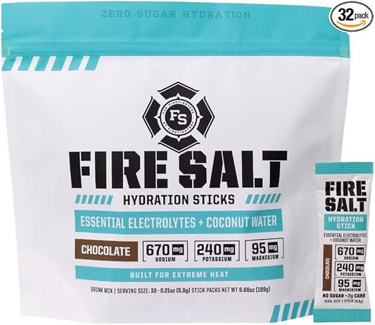 Fire Science Fire Salt Hydration Sticks, Electrolytes & Coconut Water, Hydration Drink Mix with Magnesium, Potassium & Sodium, Zero Sugar, Single Serve On The Go Packs, Chocolate Flavor, 32 Count