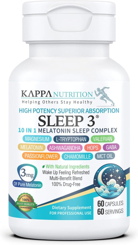 KAPPA NUTRITION Sleep 3, Sleep Aid, 3mg of Melatonin, 60-Day Supply, Non-Habit Forming Vegan Capsules Natural Ingredients for Easier Bedtime, Herbal Supplement, Valerian Root, Chamomile Non-GMO