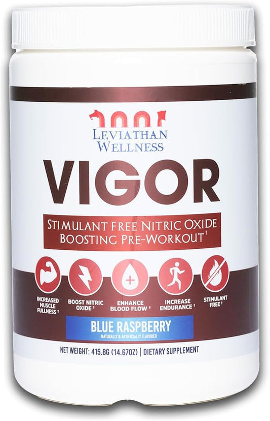 Vigor - Stimulant-Free Nitric Oxide Pre-Workout Powder | L-Citrulline (5000mg), Malic Acid (2000mg), GlycerPump (1500mg)| Blue Raspberry| 30 Servings, 13.86g Each | Made in The USA
