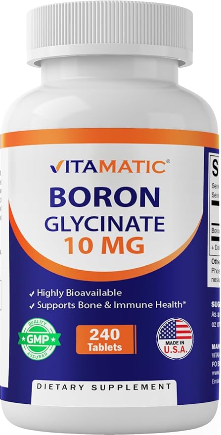 Vitamatic Chelated Boron (as Glycinate) 10mg 240 Tablets - Supports Hormone Balance, Bone Health & Connective Tissue
