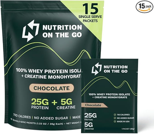 Chocolate Whey Protein Powder with Creatine – 25g Protein, 5g Creatine – Single-Serve Packets for Travel, Gym, and On The Go – Easy Mix, Gluten-Free (15-Pack)