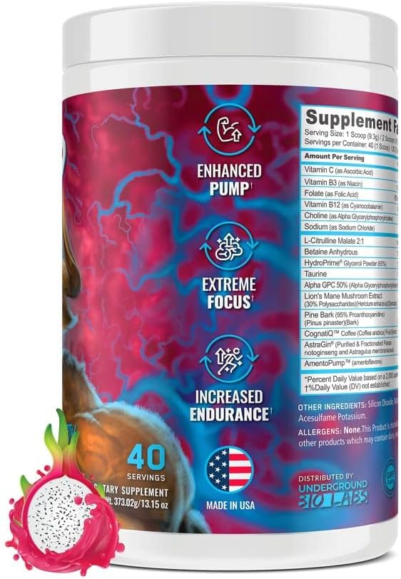 Panda Supps Pump, Pre-Workout, No-Clump Formula w/10G L-Citrulline Malate, Alpha GPC, Lions Mane,CognatiQ™,VasoDrive-AP® 40 Scoops (Rainbow Dragonfruit)