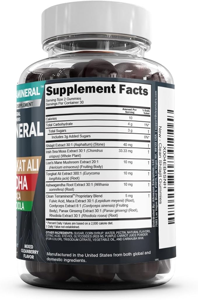 Terramineral Shilajit Gummies with Irish Sea Moss Tongkat Ali Ashwagandha Lion's Mane MACA Panax Ginseng Rhodiola & Cordyceps by Clean Nutra (1)
