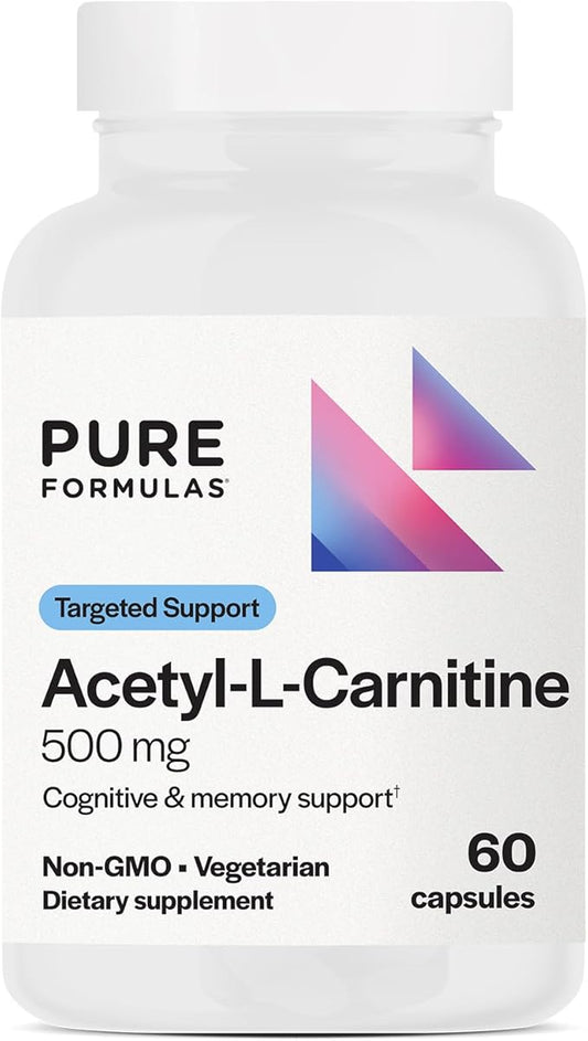 PureFormulas Acetyl L-Carnitine Cognitive & Memory Support L Carnitine Supplement for Brain, Focus, & Calmness Alcar, 500mg Dairy Free Non-GMO 60 Capsules