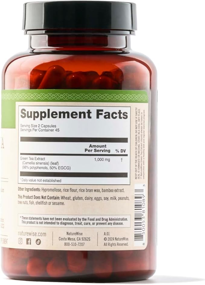 NatureWise Green Tea Extract Capsules 1000 mg - 50% EGCG & 98% Polyphenols - Extra Strength Antioxidants for Heart Health and Energy - Vegan, Gluten Free, Non-GMO - 90 Count[45-Day Supply]