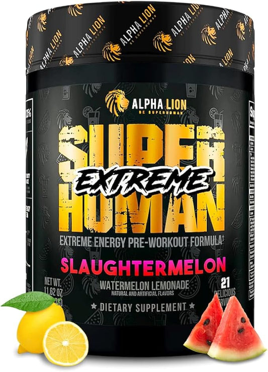 ALPHA LION Superhuman Extreme, Extreme Energy Pre-Workout Formula, Intense, Sustained Energy and Focus, Elevated Nitric Oxide, Maximum Pumps & Nutrient Delivery (21 Servings, Slaughtermelon)