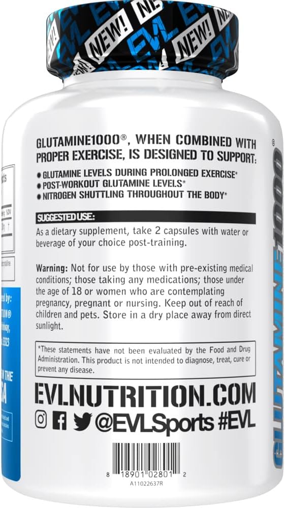 Evlution Nutrition L-Glutamine 1000, 1g Pure L Glutamine Per Serving, Post Workout, Nitrogen Transporter, Immune Support, Vegan, Gluten-Free, Veggie Capsules (30 Servings)