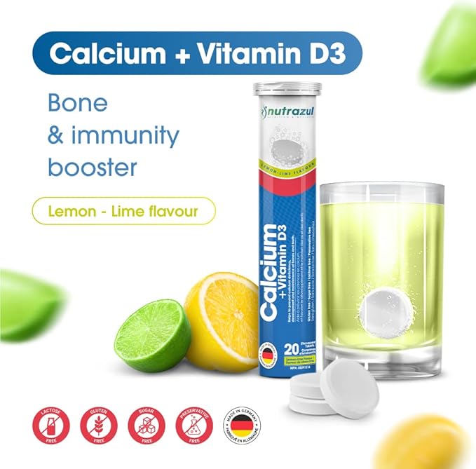 Nutrazul Calcium + Vitamin D3 Effervescent Tablets | 60 Tablets | Supports Bone Health & Maintenance | for Adults & Kids | Lemon-Lime Flavor