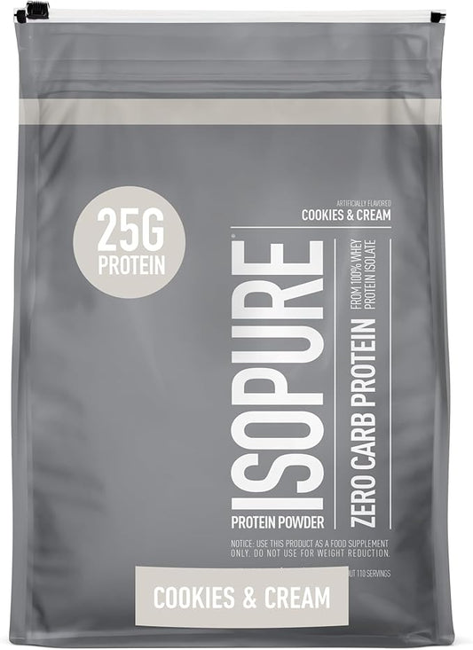 Isopure Zero Carb 100% Pure Whey Isolate Protein Powder, Lactose Free, Gluten Free, With Vitamins, Cookies & Cream, 25g Protein Per Serving, 7.5 Lbs, 110 Servings