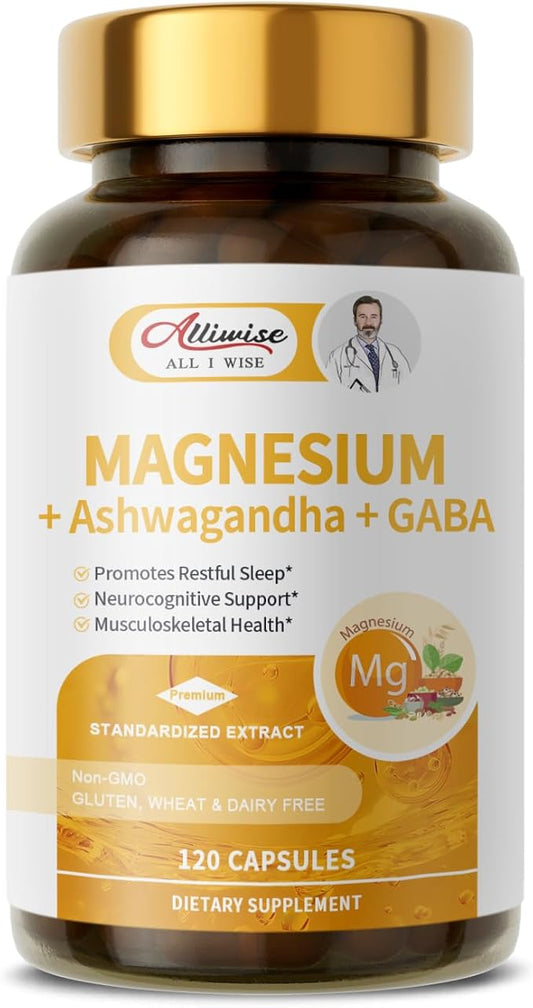 Magnesium Supplement + Ashwagandha & GABA, Magneium Glycinate, Taurate, Malate Complex for Clam Sleep, Muscles Recovery, Nerves, & Energy Support, High Absorption Vegan, Non-GMO - 120 ct