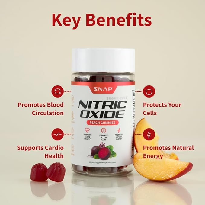 Snap Supplements Beet Root Gummies, Nitric Oxide Supplement with Organic Beets, Vitamins, Pomegranate and Antioxidants for Energy, Circulation Support, 60 Sugar Free Gummies, Peach