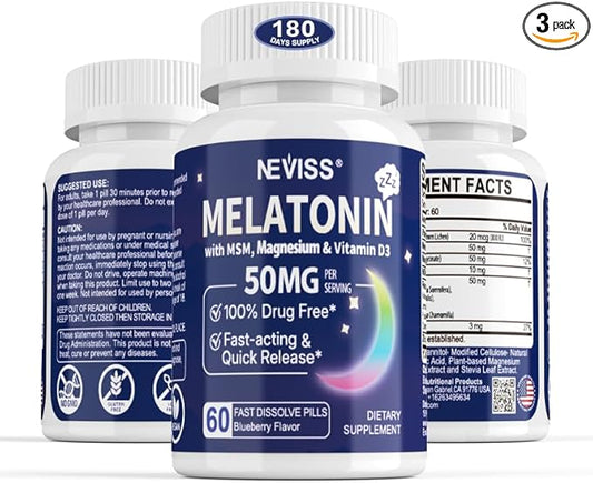 Melatonin 50 mg for Adults - Extra Strength 9-IN-1 Fast Dissolve Sublingual - w/ Vitamin D3 & MSM, Relaxing Herbal Blend-Ashwagandha, Lemon Balm, Passionflower,Chamomile,Sugar Free, Vegan 180 Servings