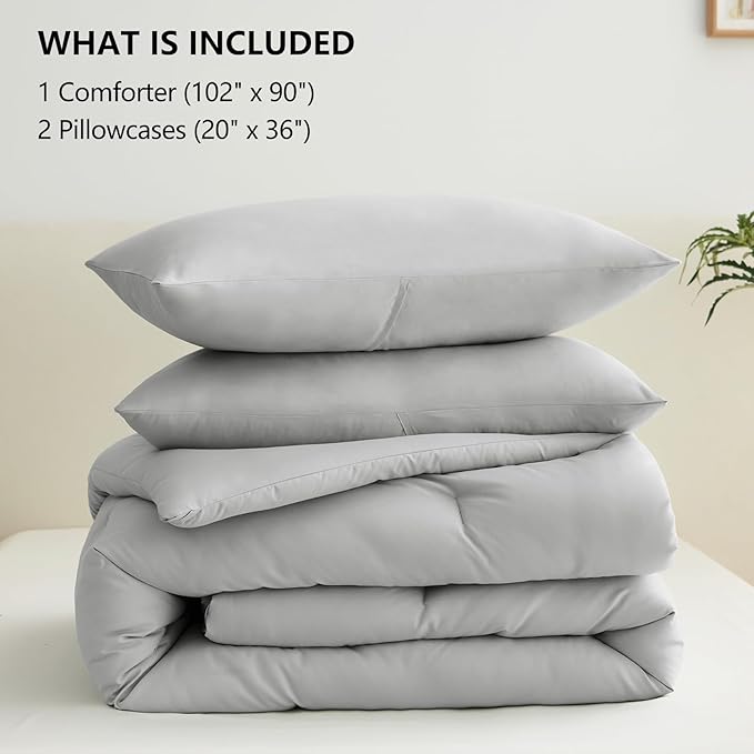 CozyLux Light Grey Comforter Set King Size, 3 Pieces Solid Breathable Quilted Style Bedding Sets, Light Gray Luxury Fluffy Bed Set Soft Microfiber Comforter All Season (1 Comforter & 2 Pillowcases)