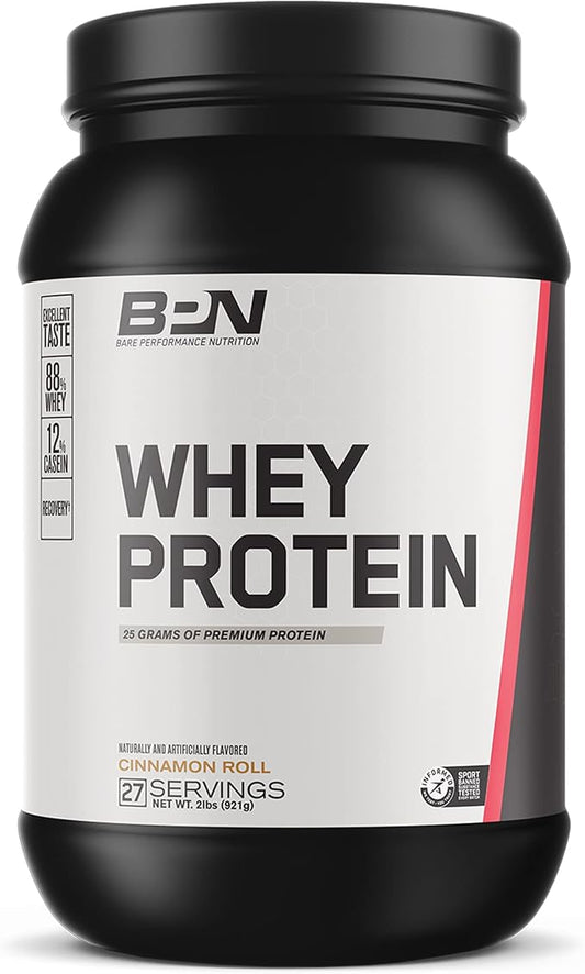 BARE PERFORMANCE NUTRITION, BPN Whey Protein + Casein Protein Powder Blend, Cinnamon Roll 25g Protein per Serving Supports Lean Muscle Recovery, 27 Servings, Third Party Tested