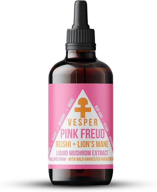 Vesper Pink Freud Mushroom Liquid Extract - Reishi & Lion’s Mane Blend with Wild Huckleberries for Immunomodulation, Neurogenesis, and Mood Support, USA-Grown, for Calm & Mental Clarity – 4oz