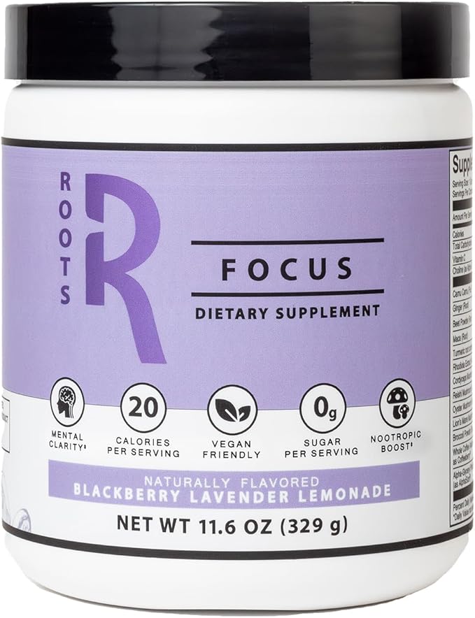 Roots Focus Nootropic Brain Supplement - BlackBerry Lavender Lemonade, Blend of Lion's Mane, Cordyceps, & Reishi Functional Mushrooms + Extended-Release Caffeine, 50 Servings