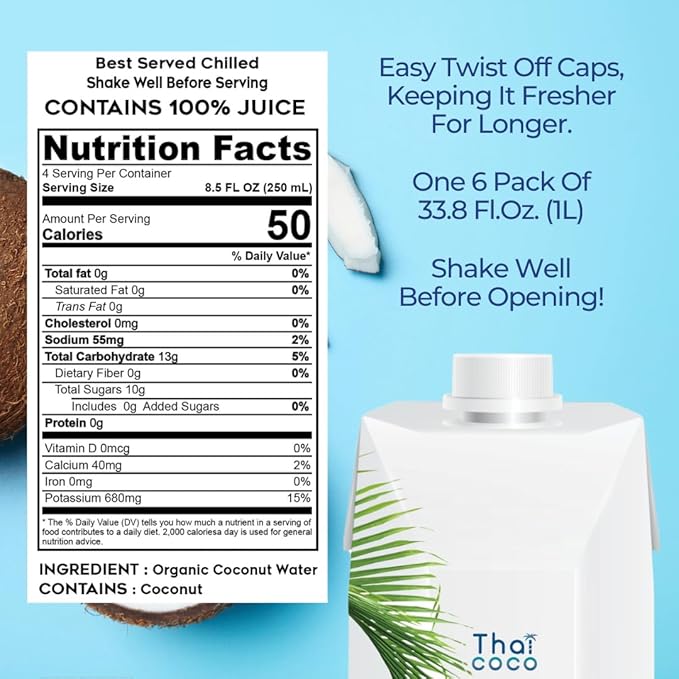Thai Coco - Organic Natural Coconut Water No Sugar Added - 33.8 fl. oz. 6 Pk