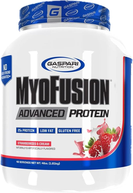 Gaspari Nutrition Myofusion Advanced Protein, Protein Blend with Whey Protein, Casein Protein and Isolate Protein, Low Fat and Gluten Free (4lbs, Strawberries & Cream)