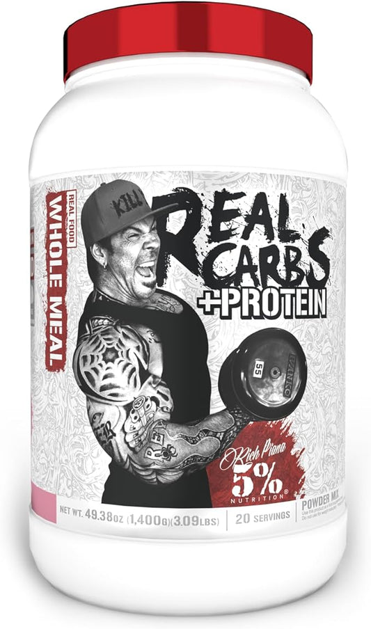 5% Nutrition Rich Piana Real Carbs + Protein | Clean Mass Gainer Meal Replacement Protein Powder | Carbohydrate for Pre Workout/Post-Workout Recovery Meal | 3 lb, 20 Srvgs (Birthday Cake + Protein)