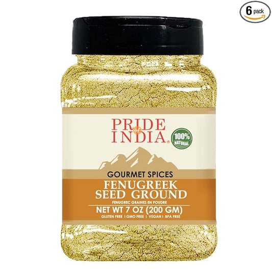 Pride of India - PACK of 6 - Fenugreek Seed Ground – Gourmet Indian Spice – Vegan, Gluten & GMO-Free – Ideal for Cooking & Meat Seasoning – Easy to Use – 7 oz. Medium Dual Sifter Jar