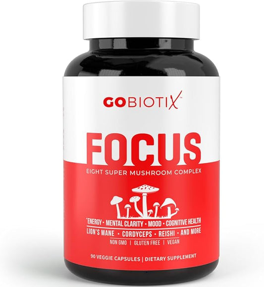 GOBIOTIX Focus Lions Mane Supplement - Mushroom Complex - Nootropics Adaptogen Vitamins - Memory, Clarity, Energy, Immune Support, Cordyceps, Reishi, Chaga, and Maitake - 90 Capsules