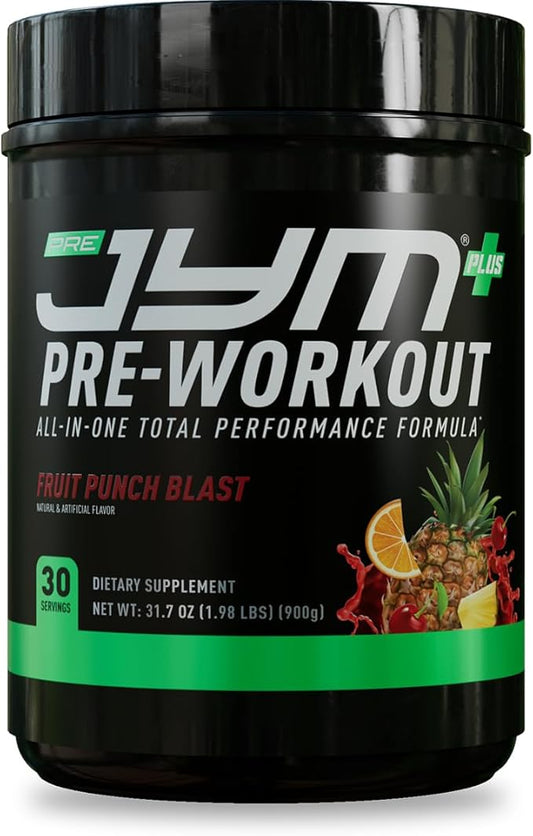 JYM Supplement Science Pre JYM Plus Fruit Punch Pre-Workout Powder, Amino Nitrates, Creatine, Betaine, Nootropics, BCAA’s, for Men & Women, 30 Servings
