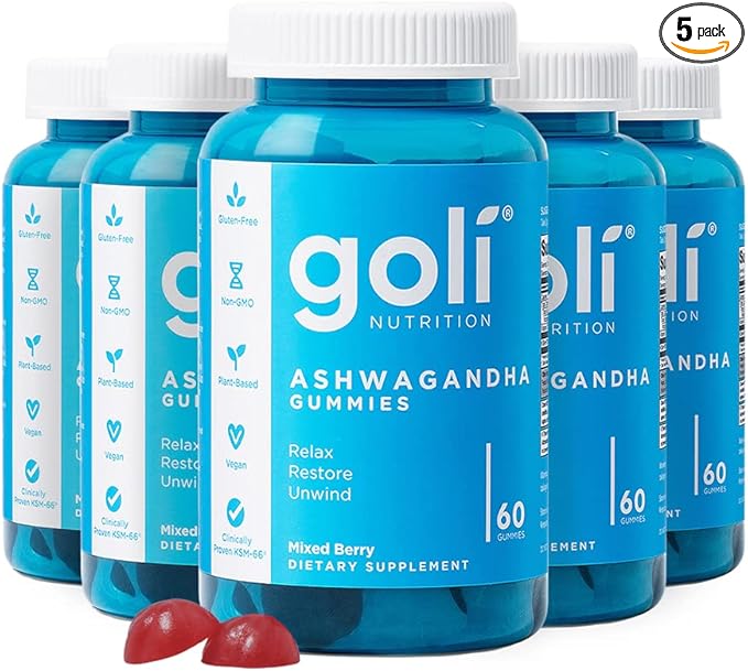Goli Ashwagandha & Vitamin D Gummy - 300 Count - Mixed Berry, KSM-66, Vegan, Plant Based, Non-GMO, Gluten-Free & Gelatin Free Relax. Restore. Unwind, Pack of 5