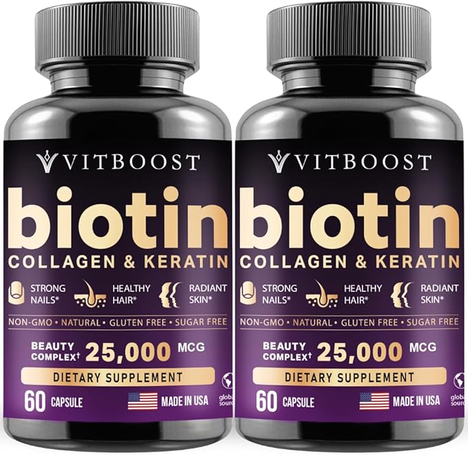 Biotin with Hyaluronic Acid, Collagen and Keratin – 25000 mcg Hair Growth Vitamins for Men and Women – Nails and Skin, USA Made - Third Party Tested, B1, B2, B3, B6, B7 Complex - 120 Capsules