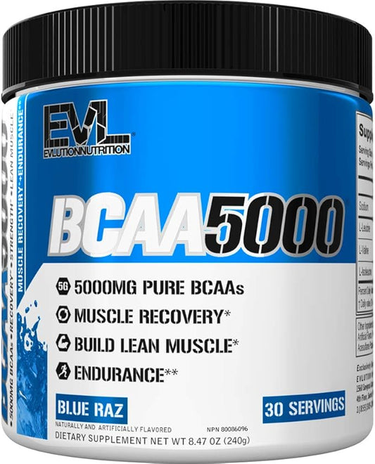 Evlution EVL BCAAs Amino Acids Powder - BCAA Powder Post Workout Recovery Drink and Stim Free Pre Workout Energy - 5g Branched Chain Amino Acids Supplement for Men - Blue Raz