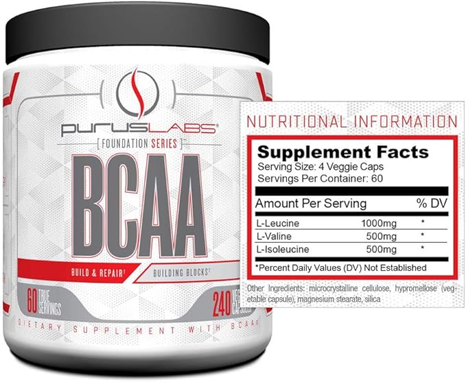 BCAA Capsules by Purus Labs Foundation Series | 2:1:1 Leucine, Valine, Isoleucine | for Recovery, Endurance, Strength and Muscle Building | 240 Capsules (60 Servings)