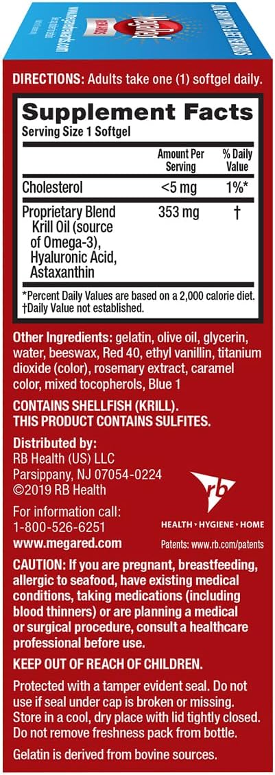 Omega-3 Krill Oil and Joint Supplement - Megared Joint Care 60 softgels - EPA/DHA fatty acids, Antioxidants, Hyaluronic acid, No fishy burp aftertaste as with Fish Oil