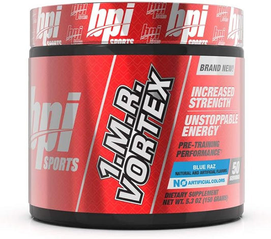 BPI Sports 1.M.R Vortex Pre Workout Powder – Blue Raz Flavor – 50 Servings – High Stim Preworkout for Men & Women with Glycerol, Caffeine, Niacin, and Herbal Extracts – Energy, Focus & Endurance