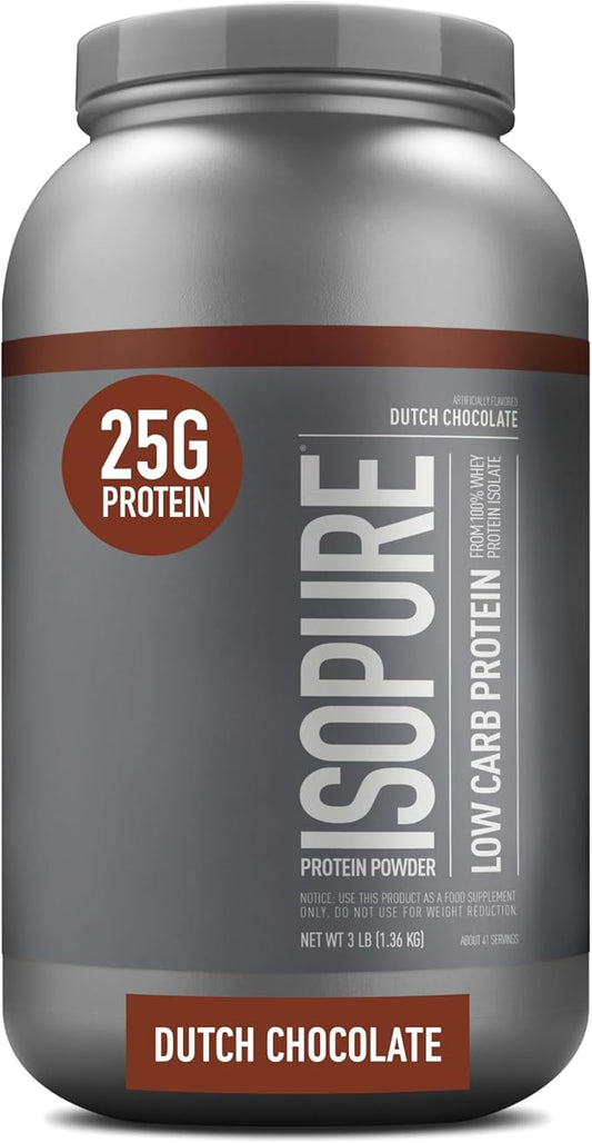 Isopure Low Carb 100% Pure Whey Isolate Protein Powder, Lactose Free, Gluten Free, With Vitamins, Dutch Chocolate, 25g Protein Per Serving, 3 Lbs, 41 Servings