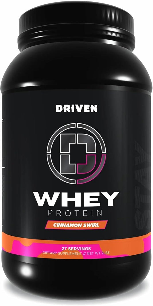 Driven WHEY- Grass Fed Whey Protein Powder: Delicious, Clean Protein Shake- Improve Muscle Recovery with 23 Grams of Protein with Added BCAA and Digestive Enzymes (2 lb, Cinnamon Roll)