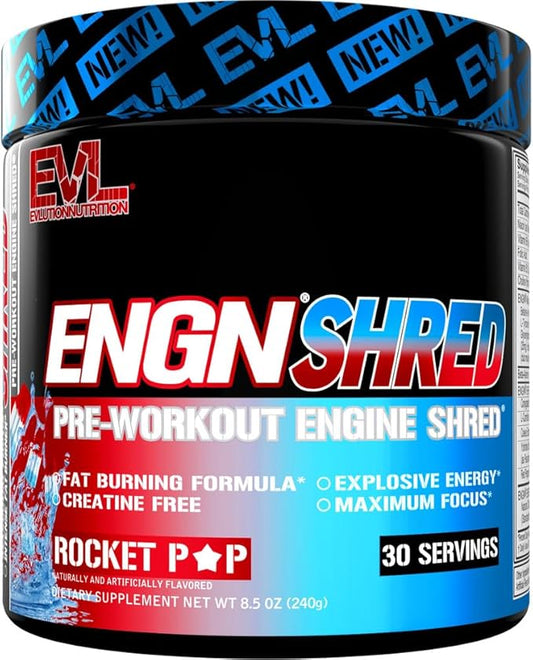 EVL Ultimate Pre Workout Powder - Thermogenic Fat Burn Support Preworkout Powder Drink for Lasting Energy Focus and Stamina - ENGN Shred Intense Creatine Free Preworkout Drink Mix - Rocket Pop