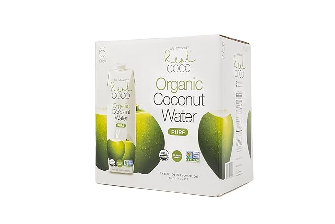 Real Coco Organic Pure Coconut Water (6-Pack 1L), USDA Organic, No Added Sugar, Plant Based, Packed with Electrolytes, Vegan