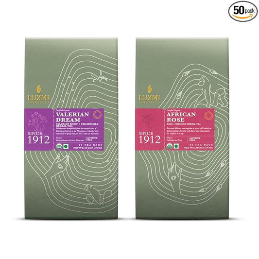 Luxmi Estates - Sleep & Relaxation Variety Tea Pack (2 Pack) - With Valerian Root, Rose, Hibiscus Lavender Stress Relief, Bedtime & Comforting Chamomile - Caffeine Free - 50 Organic Herbal Tea Bags