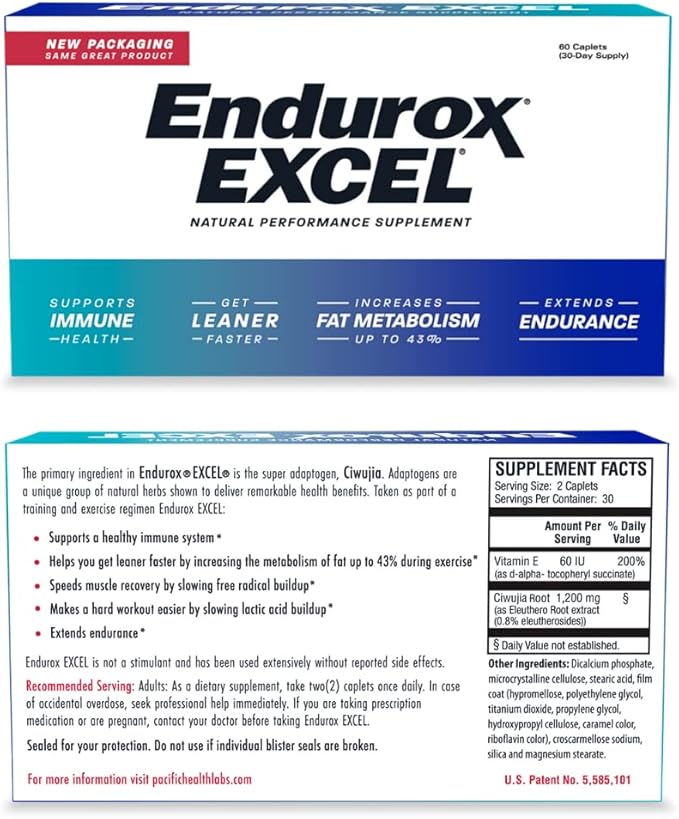 Pacific Health Endurox Excel Natural Performance Supplement, Increases Metabolism & Builds Endurance with Ciwujia (Ginseng) Root - 60 Caps