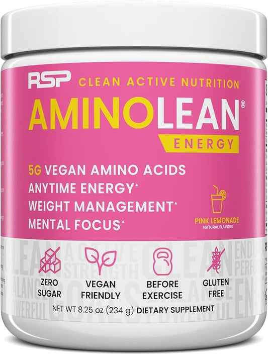 RSP NUTRITION AminoLean Pre Workout Powder, Amino Energy & Weight Management with Vegan BCAA Amino Acids, Natural Caffeine, Preworkout Boost for Men & Women, 30 Serv, Pink Lemonade…