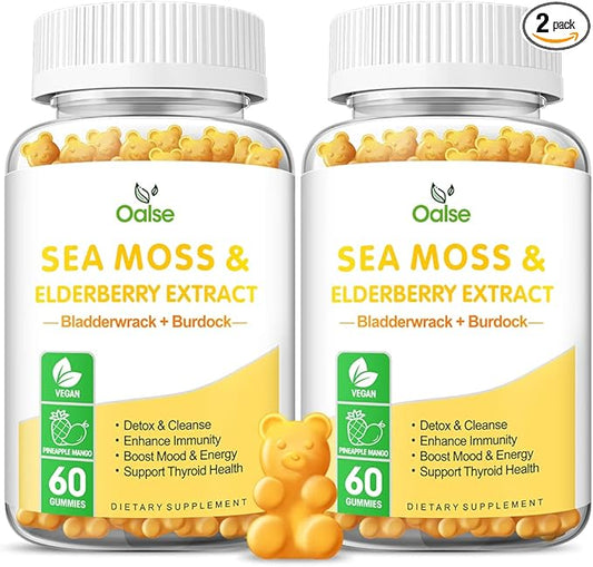 Sea Moss Gummies for Adults and Kids, 2000mg Raw Seamoss, Bladderwrack, Burdock Root, Elderberry, Pepper, Vitamin C & D3, Zinc Supports Immune System & Boost Energy (2-Pack)