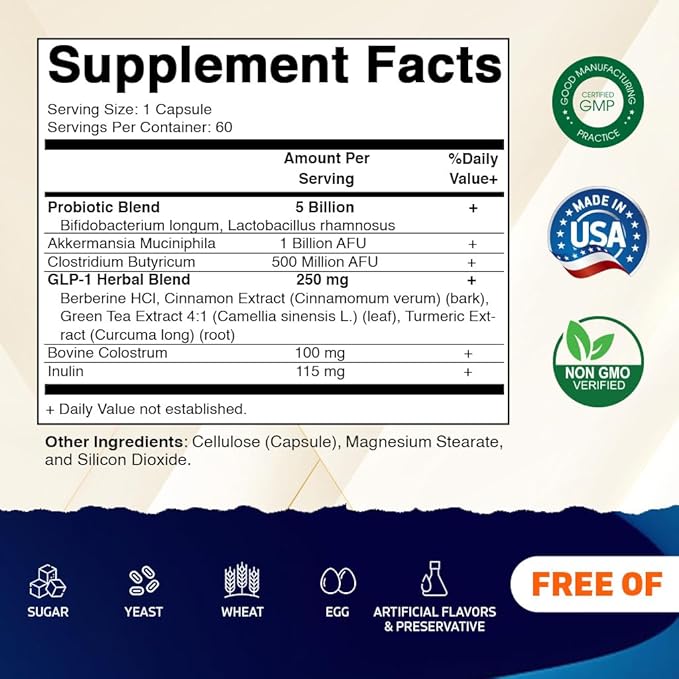 Vitamatic GLP-1 Support Supplement for Men & Women 60 Capsules - Made with Akkermansia, Probiotics, Prebiotic, Clostridium, Berberine, Cinnamon, Green Tea, Turmeric & Colostrum