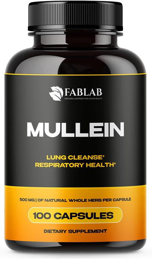 FabLab Mullein Leaf Capsules Supports Healthy Respiratory Function & Immune System Organic Mullein Lung Cleanse Herbal Supplement (100 Capsules)