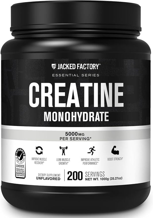 Jacked Factory Creatine Monohydrate Powder 1000g - Creatine Supplement for Muscle Growth, Increased Strength, Enhanced Energy Output and Improved Athletic Performance 200 Servings, Unflavored