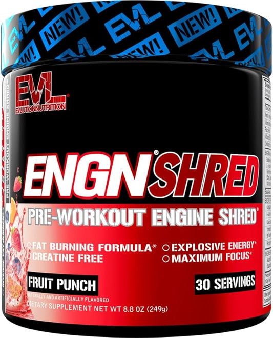 EVL Ultimate Pre Workout Powder - Thermogenic Fat Burn Support Preworkout Powder Drink for Lasting Energy Focus and Stamina - ENGN Shred Intense Creatine Free Preworkout Drink Mix - Fruit Punch