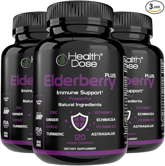 Elderberry Plus Capsules – Immune Support Supplement with Vitamins C, D3, Zinc, Selenium & 11 Ingredients for Year-Round Wellness – 120 Veggie Capsules, Pack of 3.